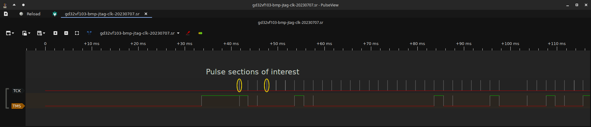 PulseView capture of TCK generated with the _no_delay routines